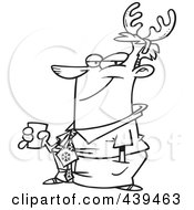 Cartoon Black And White Outline Design Of A Christmas Businessman Wearing Antlers