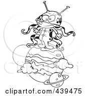 Royalty Free RF Clip Art Illustration Of A Cartoon Black And White Outline Design Of A Boy Alien On A Planet by toonaday