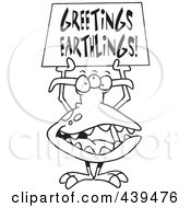Royalty Free RF Clip Art Illustration Of A Cartoon Black And White Outline Design Of A Greeting Alien by toonaday
