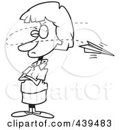 Cartoon Black And White Outline Design Of A Paper Plane Annoying A Businesswoman