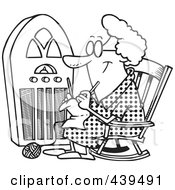 Royalty Free RF Clip Art Illustration Of A Cartoon Black And White Outline Design Of A Granny Knitting By A Radio