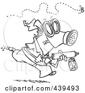 Poster, Art Print Of Cartoon Black And White Outline Design Of A Man Chasing Down An Annoying Fly With Bug Spray