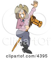 Happy Smiley Cowgirl Riding A Toy Stick Horse