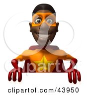 Clipart Illustration Of A Black 3d Super Hero Presenting A Blank White Sign