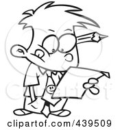 Royalty Free RF Clip Art Illustration Of A Cartoon Black And White Outline Design Of A Business Boy Analyzing A Document