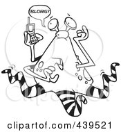 Poster, Art Print Of Cartoon Black And White Outline Design Of An Alien Using A Cell Phone