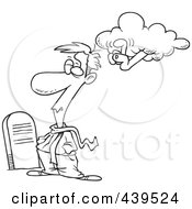 Royalty Free RF Clip Art Illustration Of A Cartoon Black And White Outline Design Of An Ancestral Cloud Tapping A Man In A Graveyard by toonaday