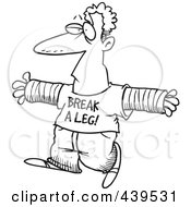 Poster, Art Print Of Cartoon Black And White Outline Design Of An Accident Prone Man Wearing A Break A Leg Shirt