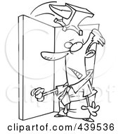 Poster, Art Print Of Cartoon Black And White Outline Design Of An Anvil Falling On A Businessman In A Doorway