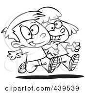 Poster, Art Print Of Cartoon Black And White Outline Design Of A Boy And Girl Walking Arm In Arm