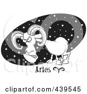 Poster, Art Print Of Cartoon Black And White Outline Design Of An Aries Ram Over A Black Starry Oval