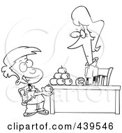 Poster, Art Print Of Cartoon Black And White Outline Design Of A School Boy Adding To The Pyramid Of Apples On His Teachers Desk