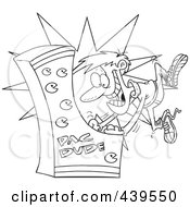 Royalty Free RF Clip Art Illustration Of A Cartoon Black And White Outline Design Of A Man Playing An Arcade Game