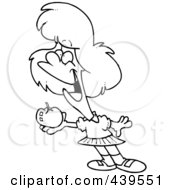 Royalty Free RF Clip Art Illustration Of A Cartoon Black And White Outline Design Of A School Girl Holding An Apple