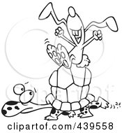 Poster, Art Print Of Cartoon Black And White Outline Design Of A Lazy Hare Riding On A Tortoise