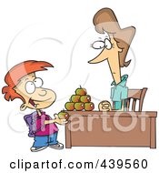 Poster, Art Print Of Cartoon School Boy Adding To The Pyramid Of Apples On His Teachers Desk