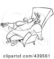 Poster, Art Print Of Cartoon Black And White Outline Design Of A Bored Man Slumped In A Chair And Holding A Remote Control