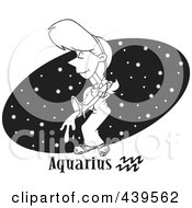 Poster, Art Print Of Cartoon Black And White Outline Design Of An Aquarius Woman Over A Black Starry Oval