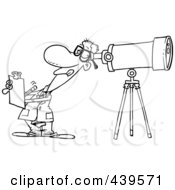 Poster, Art Print Of Cartoon Black And White Outline Design Of An Astronomer Taking Notes And Peeking Through A Telescope
