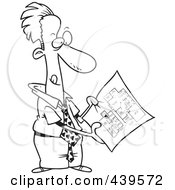 Poster, Art Print Of Cartoon Black And White Outline Design Of A Businessman Examining Blueprints