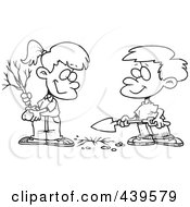 Cartoon Black And White Outline Design Of A Boy And Girl Planting An Arbor Day Tree