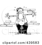 Poster, Art Print Of Cartoon Black And White Outline Design Of An Anxious Businessman Up Against A Wall