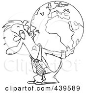 Poster, Art Print Of Cartoon Black And White Outline Design Of A Businessman Carrying A Burden Globe On His Back
