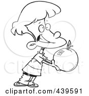 Poster, Art Print Of Cartoon Black And White Outline Design Of A School Boy Holding Out A Large Apple