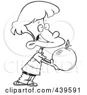 Royalty Free RF Clip Art Illustration Of A Cartoon Black And White Outline Design Of A School Boy Holding Out A Large Apple