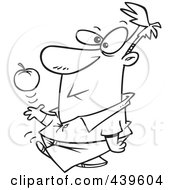 Royalty Free RF Clip Art Illustration Of A Cartoon Black And White Outline Design Of A Man Walking Tossing And Catching An Apple