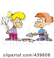 Cartoon Boy And Girl Planting An Arbor Day Tree