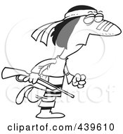 Royalty Free RF Clip Art Illustration Of A Cartoon Black And White Outline Design Of A Native American Man Carrying A Gun