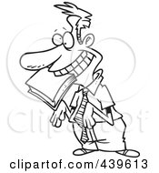 Royalty Free RF Clip Art Illustration Of A Cartoon Black And White Outline Design Of An Approval Seeking Employee With A Book In His Mouth