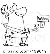Poster, Art Print Of Cartoon Black And White Outline Design Of A Man Pushing An Assistance Button