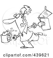 Poster, Art Print Of Cartoon Black And White Outline Design Of An Editor Running With Coffee And Documents