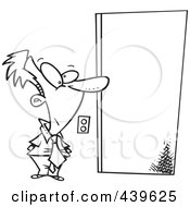 Cartoon Black And White Outline Design Of A Businessman Waiting By An Elevator