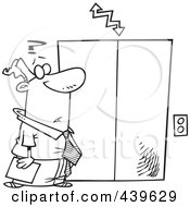 Cartoon Black And White Outline Design Of A Confused Businessman Waiting By An Elevator