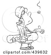 Cartoon Black And White Outline Design Of An Eager Snowboarder Waiting For Snow