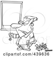 Poster, Art Print Of Cartoon Black And White Outline Design Of A Man Drawing His Shades After Being Woken Up By His Alarm Clock