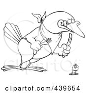 Royalty Free RF Clip Art Illustration Of A Cartoon Black And White Outline Design Of A Big Bird Ready To Dine On A Worm by toonaday