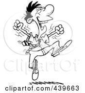 Poster, Art Print Of Cartoon Black And White Outline Design Of An Energetic Businessman Jumping