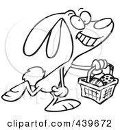 Poster, Art Print Of Cartoon Black And White Outline Design Of A Happy Easter Bunny Carrying A Basket