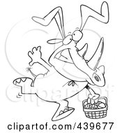 Royalty Free RF Clip Art Illustration Of A Cartoon Black And White Outline Design Of An Easter Rhino Wearing Bunny Ears And Carrying A Basket
