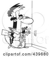 Royalty Free RF Clip Art Illustration Of A Cartoon Black And White Outline Design Of A Businessman Plugging A Letter Into An Electrical Socket