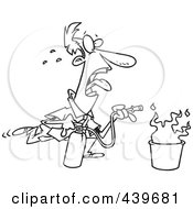 Royalty Free RF Clip Art Illustration Of A Cartoon Black And White Outline Design Of A Businessman Extinguishing A Fire