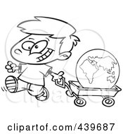 Poster, Art Print Of Cartoon Black And White Outline Design Of A Happy Boy Pulling The Globe In A Wagon