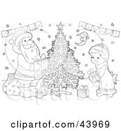 Clipart Illustration Of A Black And White Santa Claus And Girl Putting Gifts Under A Christmas Tree Coloring Page