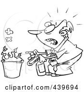 Poster, Art Print Of Cartoon Black And White Outline Design Of A Businessman Putting Out A Fire