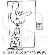 Cartoon Black And White Outline Design Of A Confused Businesswoman Waiting For An Elevator