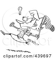 Poster, Art Print Of Cartoon Black And White Outline Design Of A Businesswoman Chasing An Elusive Idea With A Net